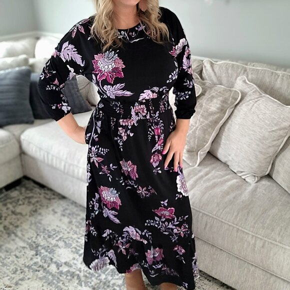 NEW NWT Tags LuLaRoe Evelyn Smocked Waist Maxi Dress Long Sleeve Black Floral - Picture 3 of 8